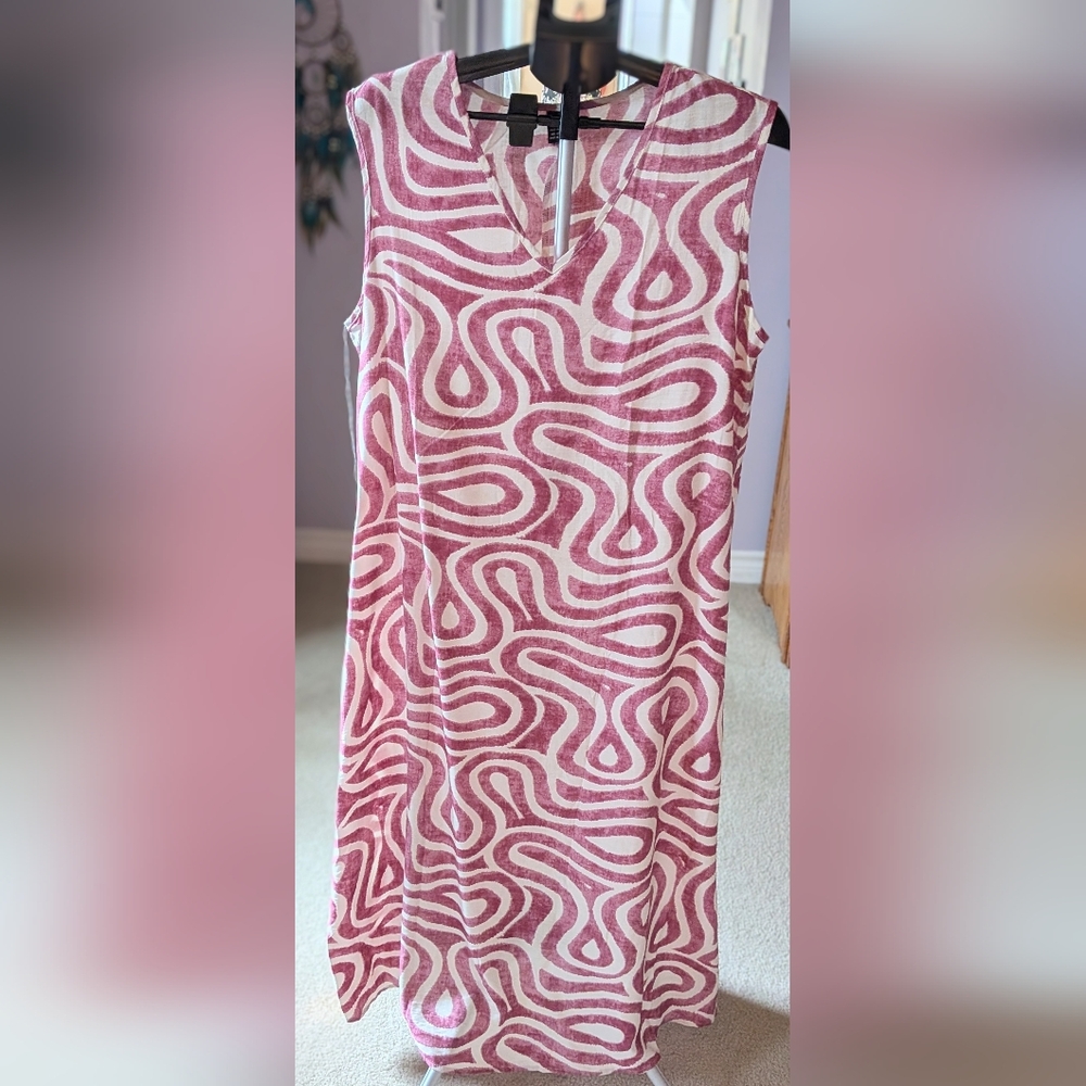 LINEN! Pinky Red and White  Patterned Sleeveless Maxi Dress Size 14 NWOT